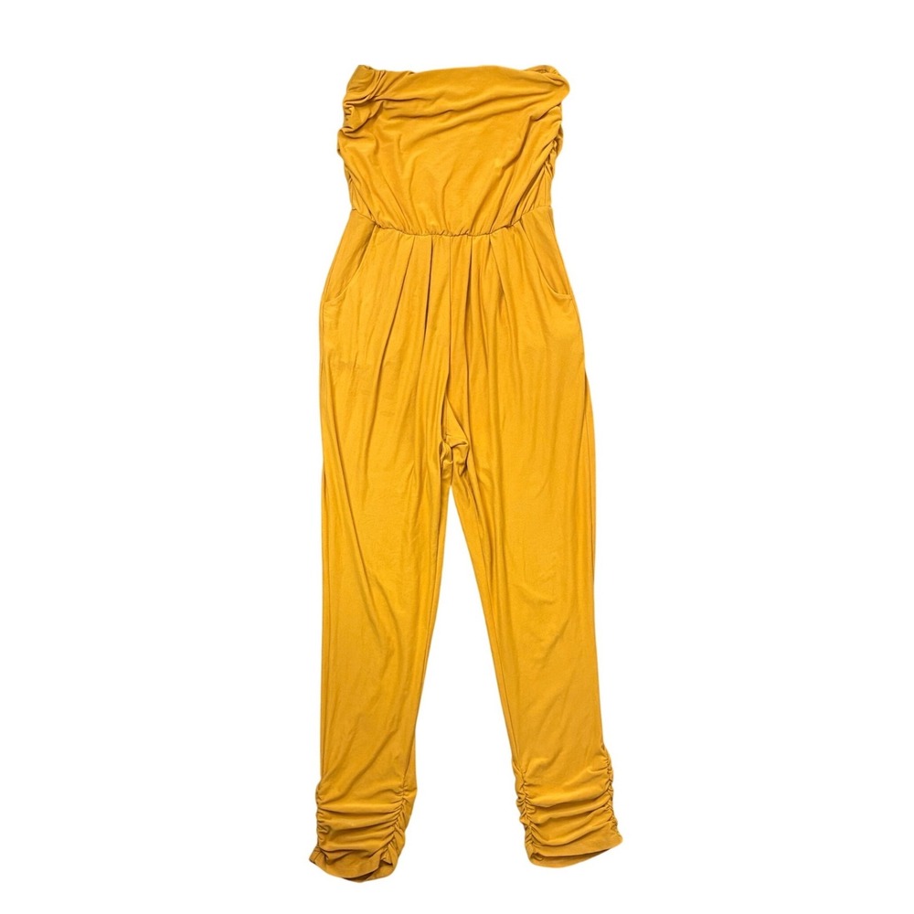 Derek Heart Mustard Yellow Strapless Ruched Ankle Jumpsuit Medium Side Pockets